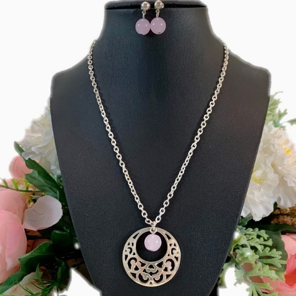 ROSE Quartz filigree pendant necklace and drop earring - Picture 2 of 7